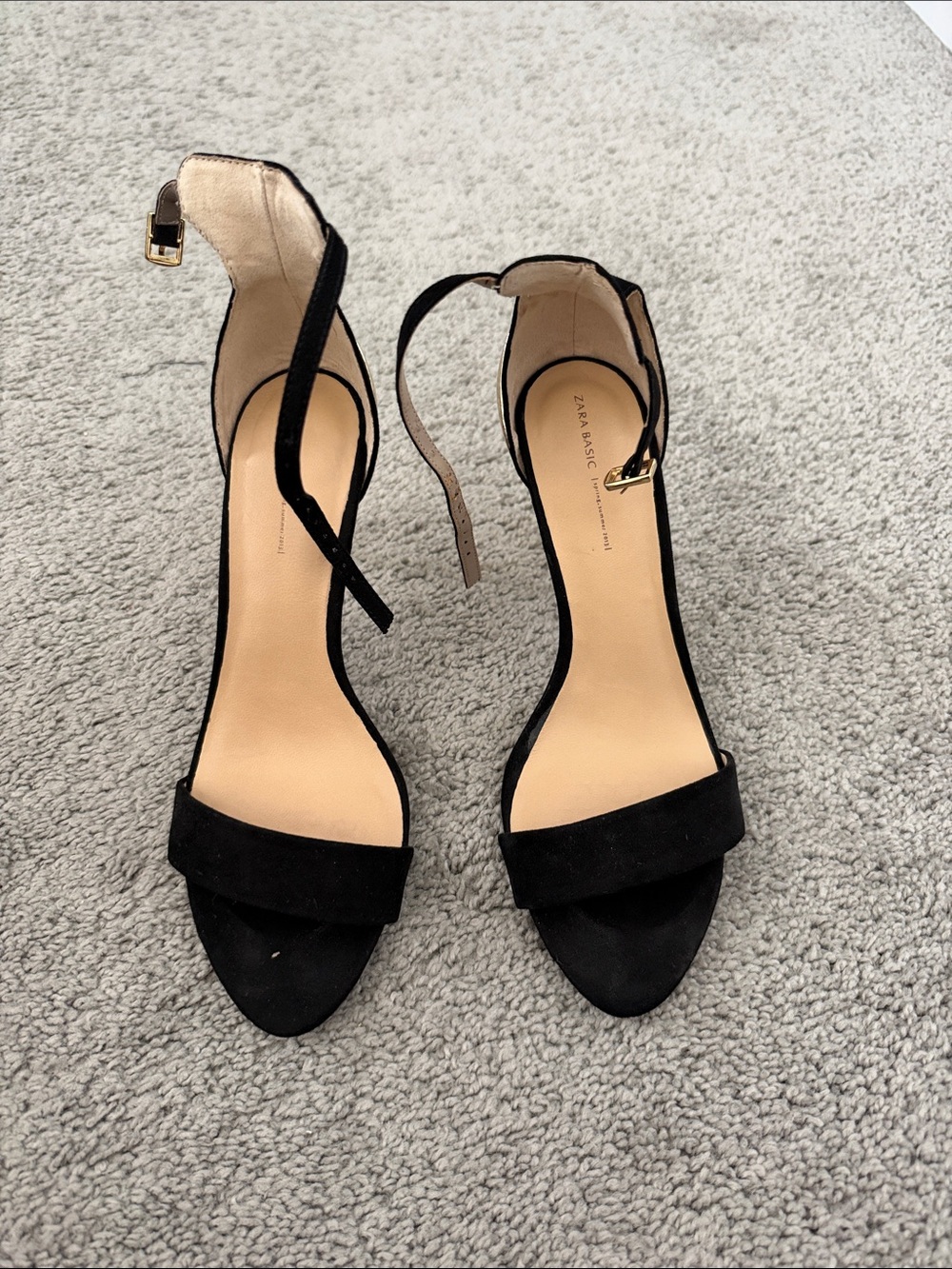 Zara Black Suede Open-Toe Ankle Strap Heels with Metallic Heels